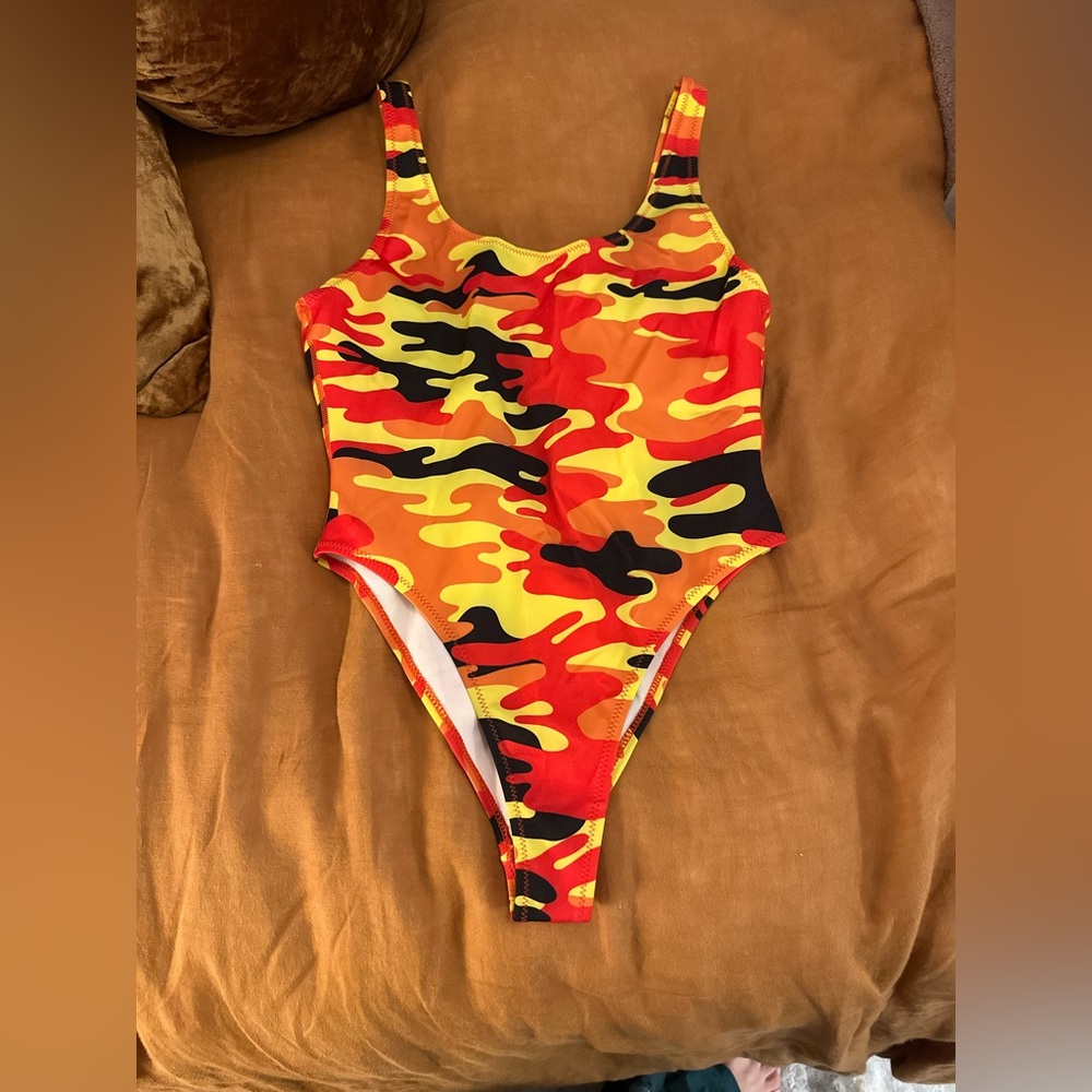 Kendall & Kylie Kids Red and Yellow Camo One-Piece Swimsuit